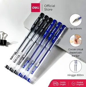 Deli Pulpen Gel / Gel Pen 0.5 mm Nyaman Digenggam EG65 Biru atau Hitam Tinta Plastik Stationery Transparan