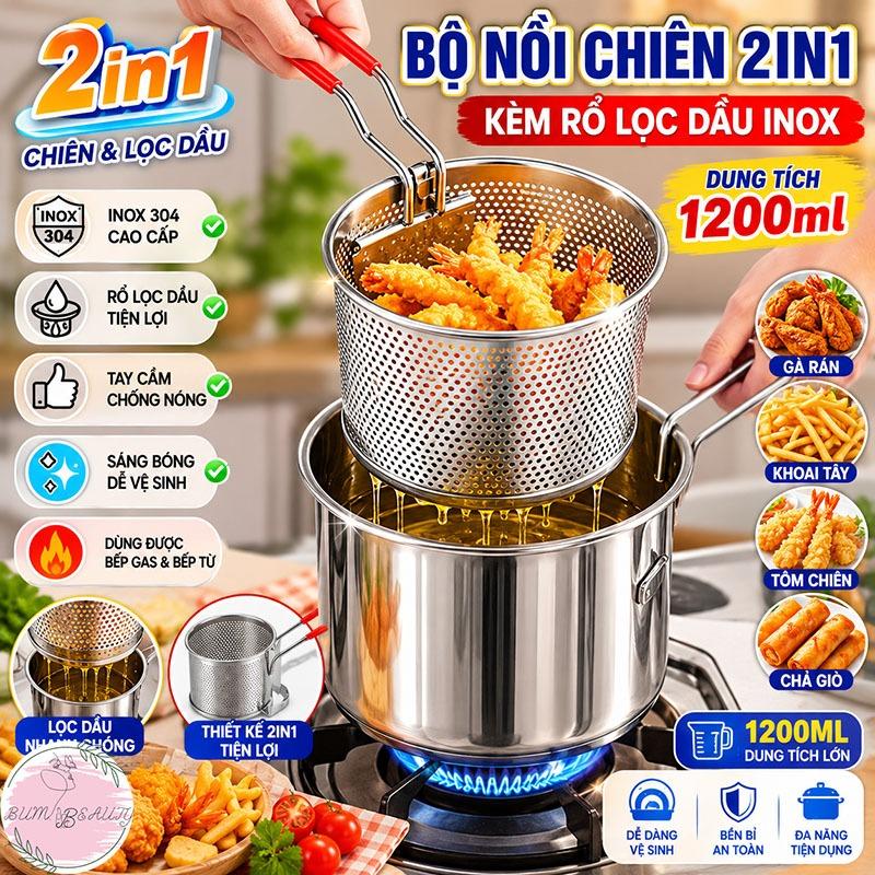 Kiểu dáng trẻ trung Bộ Nồi Chiên Ngập Dầu 2in1 Kèm Rổ Lọc Dầu Inox 1200ml Nồi…