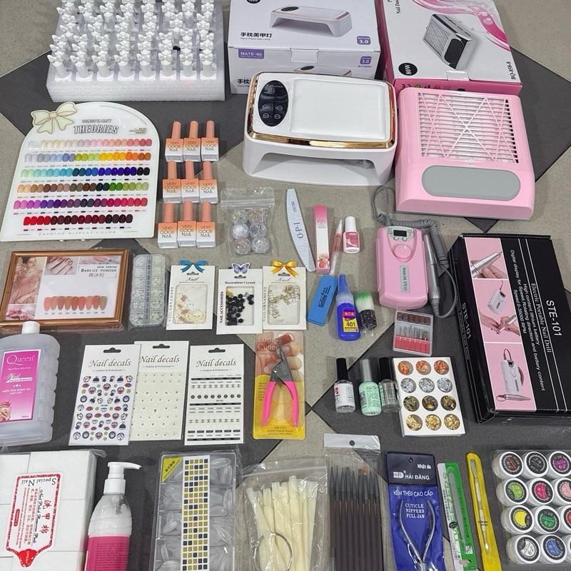  Set bộ dụng cụ làm móng đầy đủ cho học viên học và làm nghề mix 2 set sơn gel + nhũ + máy hút bụi 