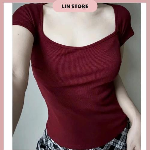  Áo Thun Cổ Vuông Cho Nữ Chất Thun Tăm Gân Co Dãn 4 Chiều Mềm Mát Áo Thun Trơn Dáng Ôm Body 
