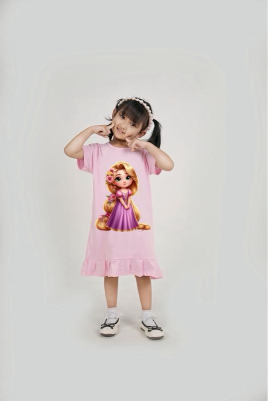 Daster Dress Anak Perempuan karakter Disney Rapunzel Anak usia 1-9 tahun Bahan Katun Halus Original