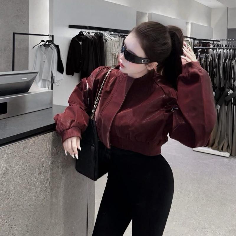 Áo khoác da bóng dáng bomber phối túi hộp Hàng QCL1, Áo khoác nữ dáng ngắn phong cách cá tính 2 màu HOTTREND #Lynk nhi ( 706 )