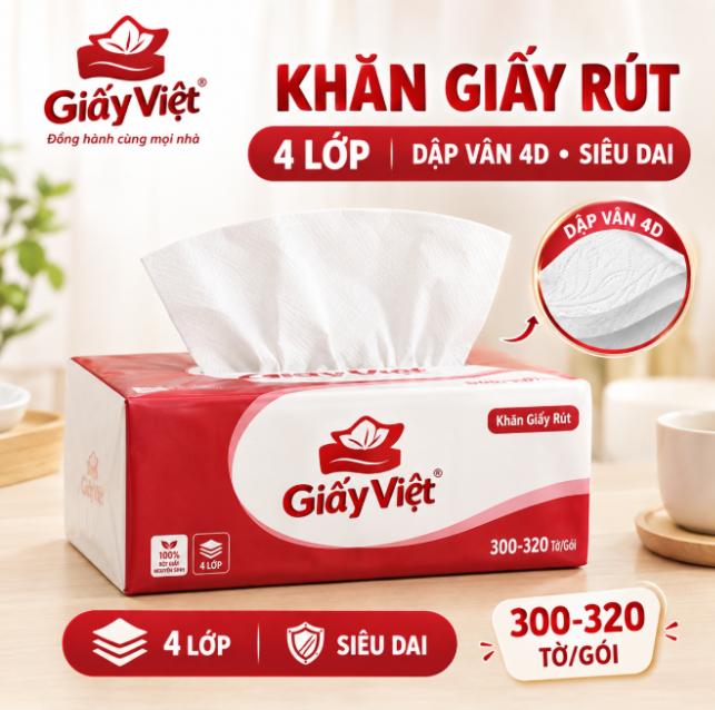 Giấy Việt Khăn Giấy Rút 4 Lớp Siêu Dai Dập Vân 4D 300-320 Tờ/Gói Tiện Dụng Để Bàn