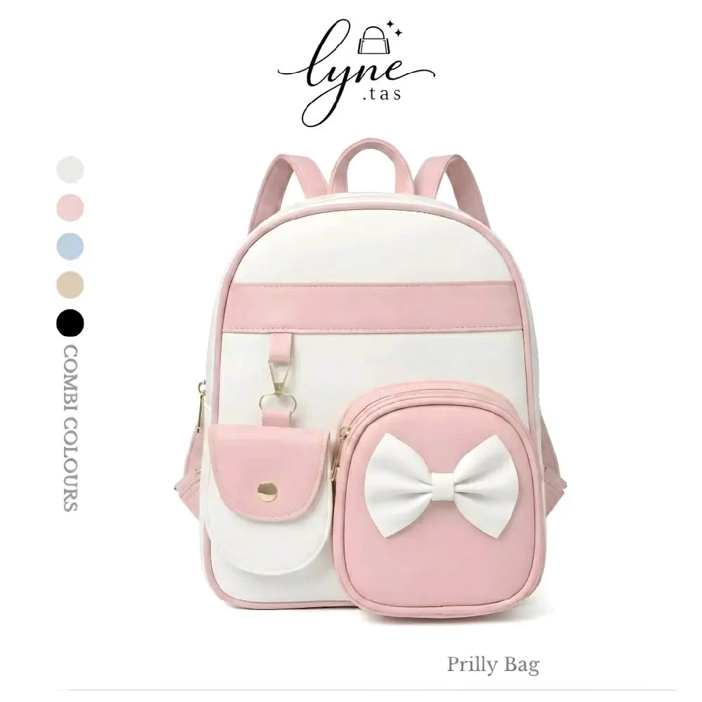 Tas Anak Sekolah TK SD Tas Ransel Wanita Prilly Kantong Pita Kombinasi / Tas Gendong Kulit Sintetis Multifungsi Wanita Kekinian Terbaru - Lynetas