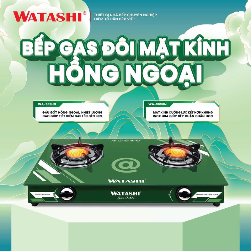 Bếp Gas Đôi Hồng Ngoại WATASHI WA-909HN - Mẫu Mới - Toàn Thân Inox - Tiết Kiệm Gas - Lửa Hồng Ngoại - Dùng Cho Gia Đình
