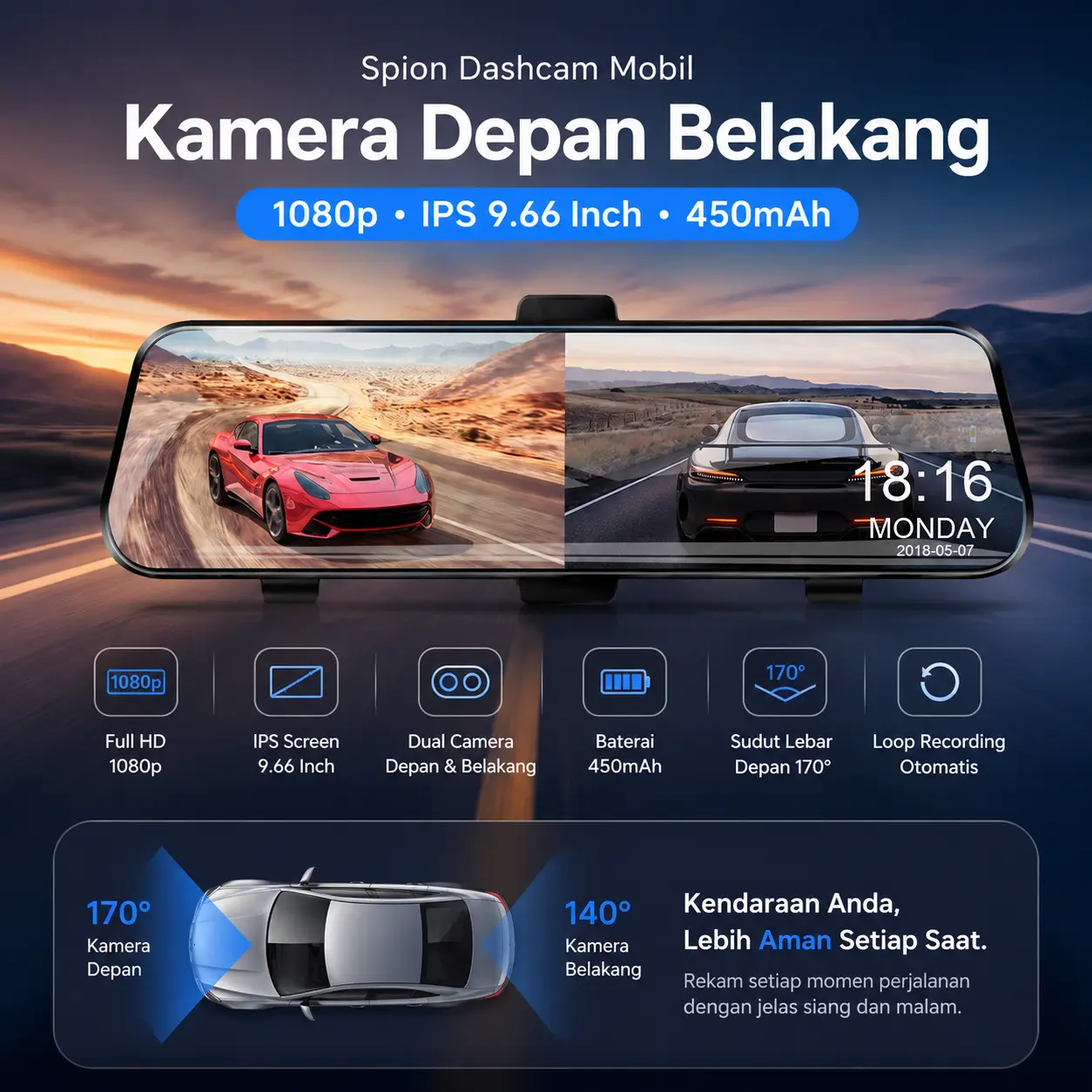 Dashcam Mobil Kaca Spion Depan Belakang Dual Camera Kamera Rear View DVR 1080P 9.66 Inch IPS Hitam T29S Jansite