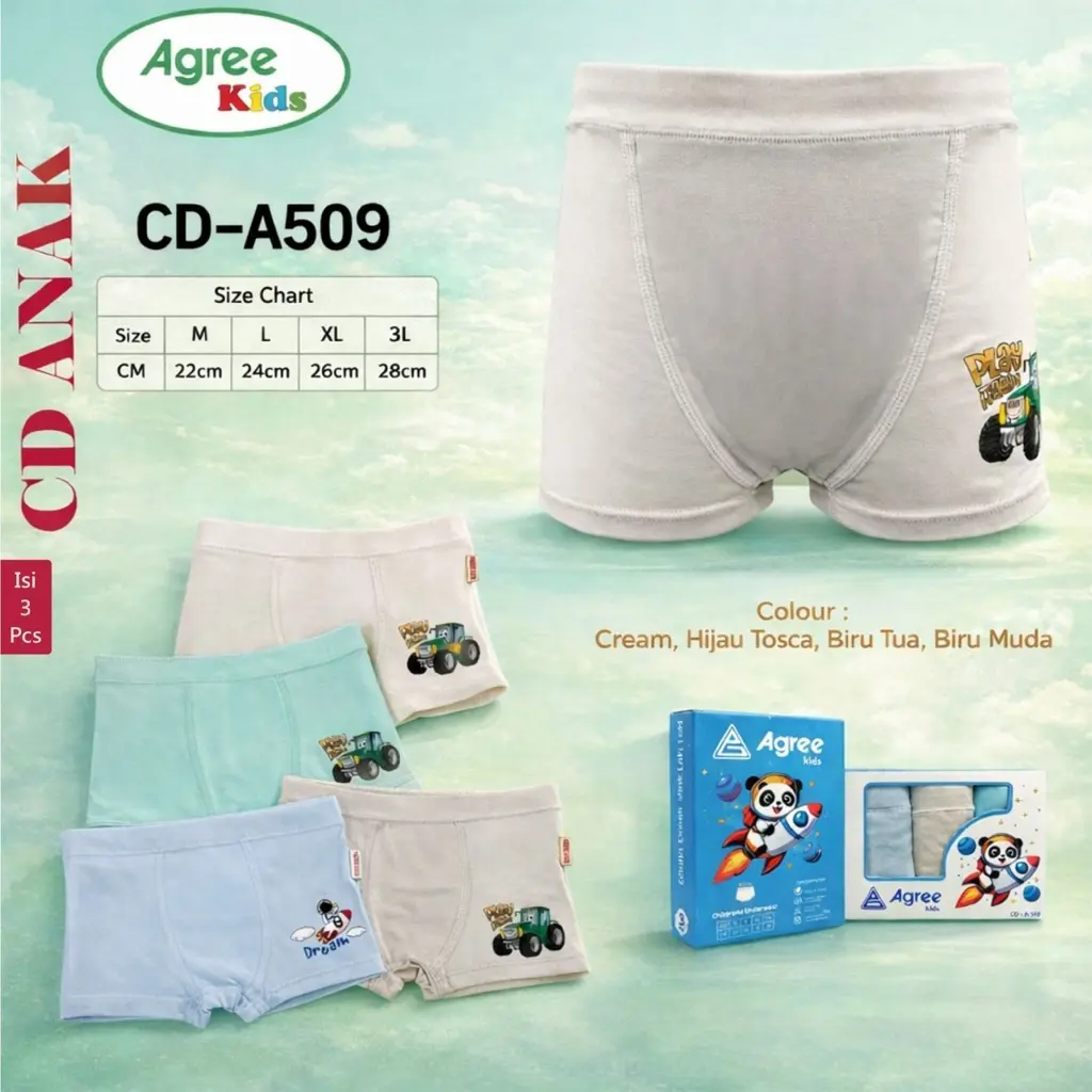 (3pcs) CD anak cowok celana dalam laki boxer petak AGREE kids CD-A509