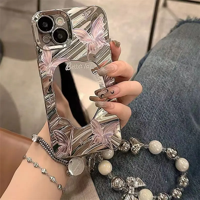 High-end Electroplated Water Ripple Mirror Butterfly Fashion Phone Case For Iphone 16 15 14 pro 13 12 11 All-inclusive Lens 14 pm with Chain