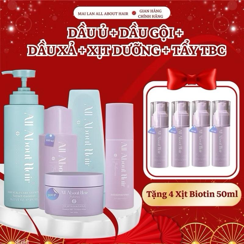 Combo 5 Sản Phẩm All About Hair Xịt Dưỡng  + Dầu Gội + Dầu Xả + Dầu Ủ + Tẩy TBC - Chăm Sóc Và Nuôi Dưỡng Tóc Chắc Khỏe Nữ Women
