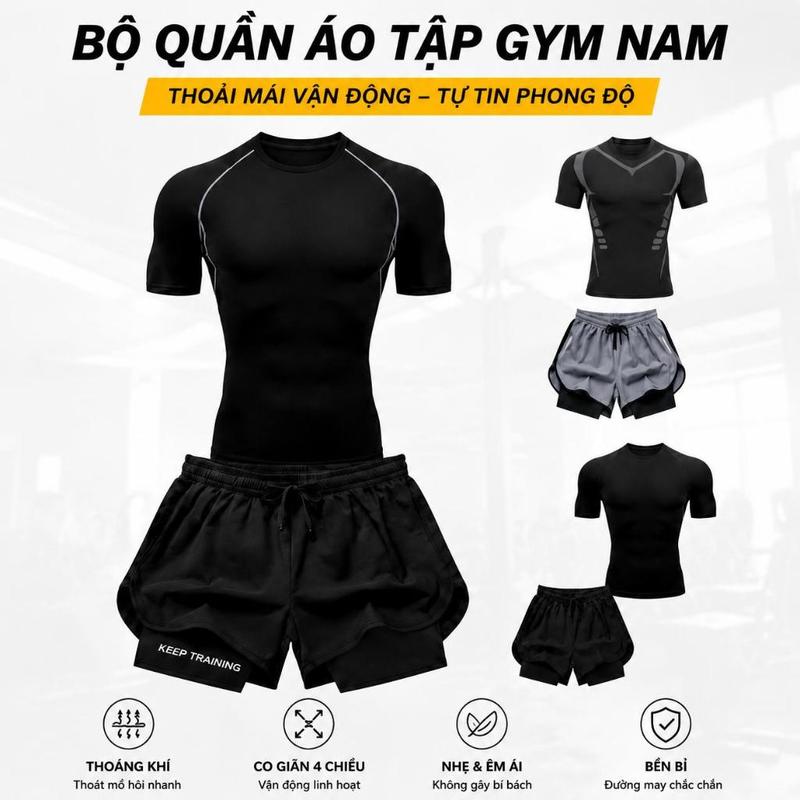 Bộ Quần Áo Tập Gym Nam Kết Hợp Áo Body và Quần Short 2 Lớp Co Dãn 4 Thấm Hút Mồ…