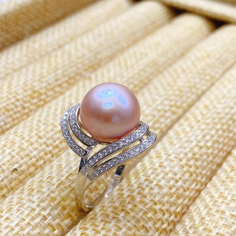 N9 - Nhẫn ngọc trai 12ly tròn bóng đẹp kiểu dáng sang trọng, chế tác bạc 925 xi phủ bạch kim