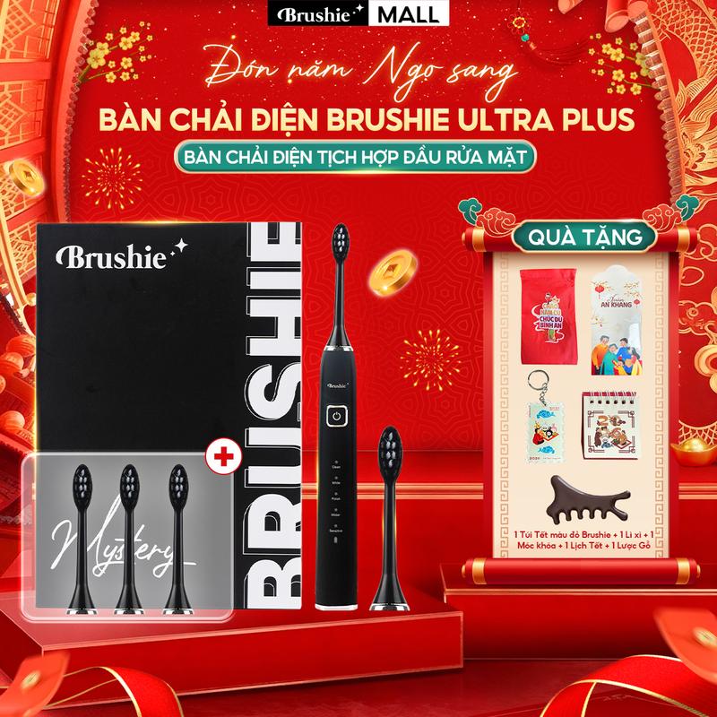   BÃO SALE  Combo Bàn chải điện Brushie Ultra Plus chính hãng tích hợp đầu rửa mặt hỗ trợ làm sạch hiệu quả và 3 đầu thay thế cùng màu   Bảo hành 1000 NGÀY   - TẶNG 1 TÚI TẾT MÀU ĐỎ BRUSHIE + 1 LƯỢC MASSAGE NÂU + 1 BỘ 5 LÌ XÌ + 1 LỊCH MINI + 1 MÓC KHÓA TẾT 