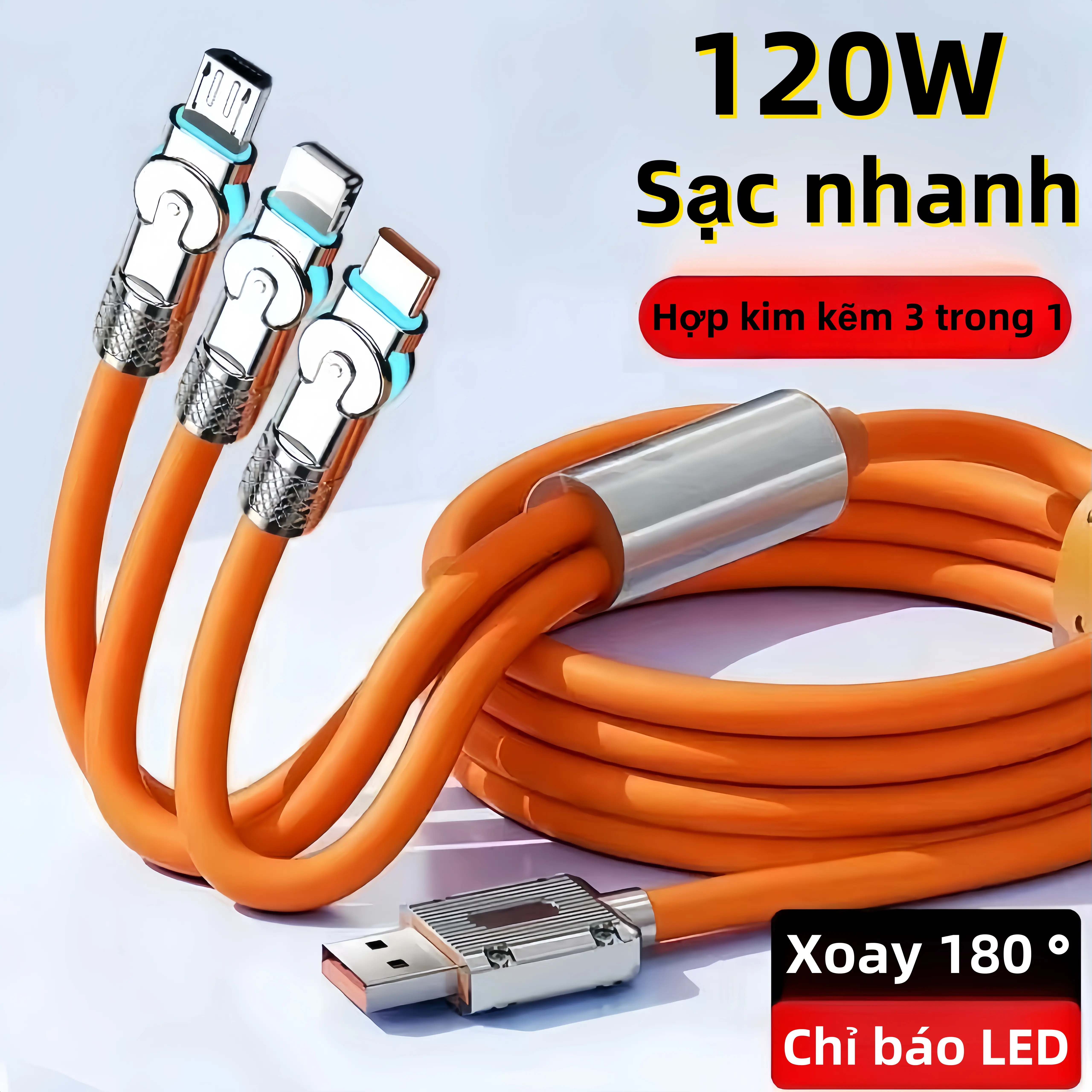 Cáp sạc nhanh, 3 trong 1, 120W, 6A hiện tại