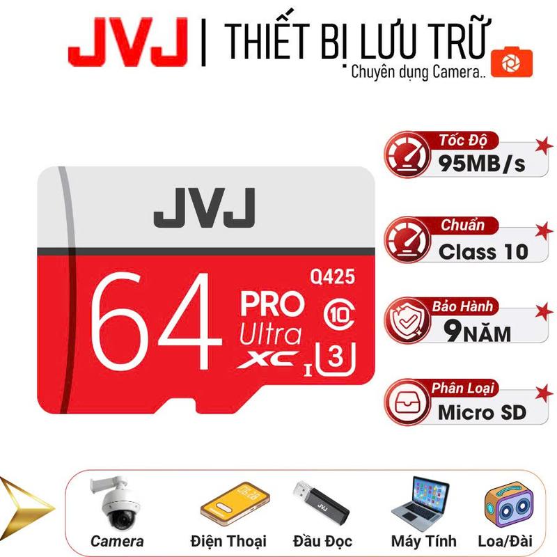 Thẻ nhớ 64Gb JVJ Pro U3 Class 10 - chuyên dụng cho CAMERA Điện thoại Máy ảnh,... tốc độ cao 95Mb-140Mb s