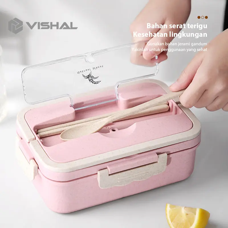 VISHAL Lunch Box Kotak Bekal Makan Jerami Gandum kotak makan ​1000ml 4 In 1 Free Sendok Tempat Makan VS-1 6