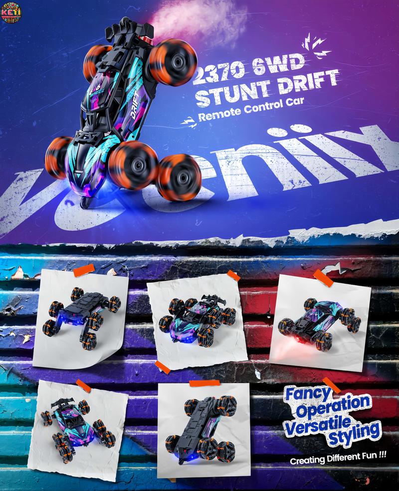 Product Introduction of Six-Wheel RC Stunt Car,6WD Remote Control Car,Cool RC Drift Car,Double-Sided Driving,360° Flips Rotating,with Spray and Light Effects,Toys for Ages 8-13 Kids,Ideal Gift for Boys and Girls 2