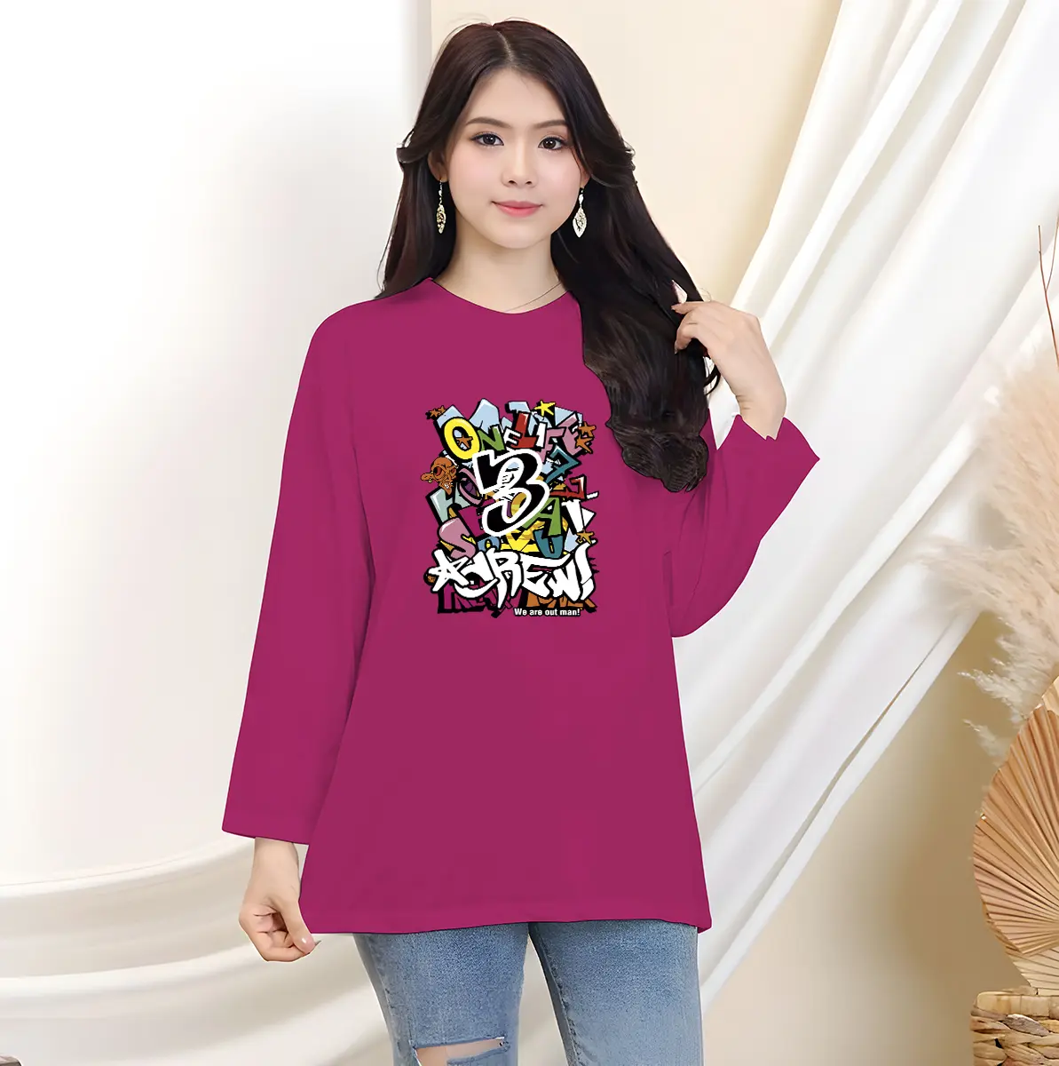 Kaos Oversize Wanita Lengan Panjang/ Kaos Distro Wanita Kaos Streetwear Oversize Lengan Panjang Baju Motif Oblong Santai Variasi Soft Atasan Nyaman Polos Combed Dewasa Unisex Tangan Printing  Casual