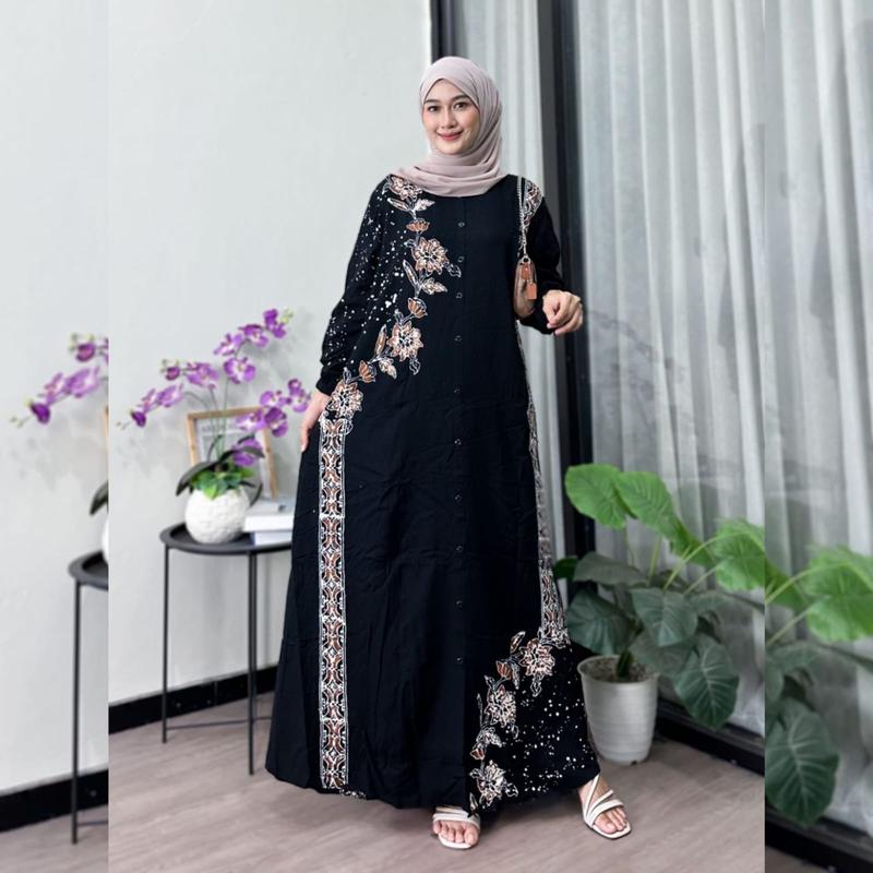 Naya Batik - Gamis Twill Ori Berkualitas Motif Batik Cap Malaman Bukan Sablon Busui Friendly Lengan Panjang Karet Model Tali Samping Full Kancing Dress Wanita Muslim Remaja Tanpa Rempel Nyaman Kain Rayon 6