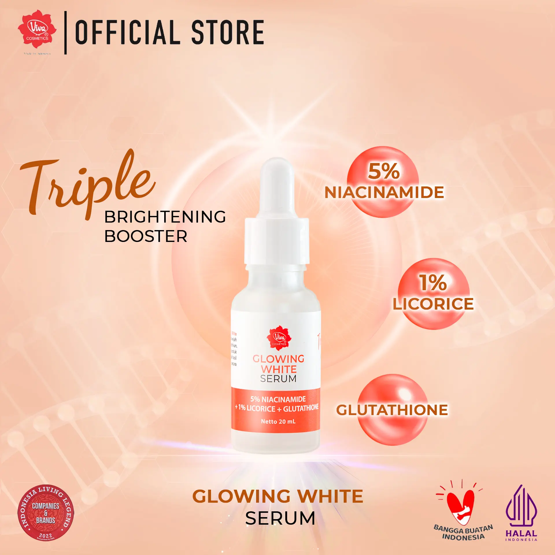 Viva Glowing White Serum with Niacinamide, Licorice & Glutathione (20ml) Hitam Kusam Mencerahkan Wajah  Tetes Memutihkan Muka