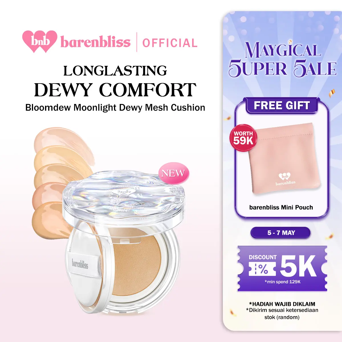 【NEW LAUNCH】BNB barenbliss Bloomdew Moonlight Dewy Mesh Cushion 15g「24H Dewy Shine」| Cushion Ringan dengan Hasil Natural, 16x Hydrabloom Essence mengontrol prodiuksi minyak berlebih, mencerahkan, sekaligus melembabkan kulit