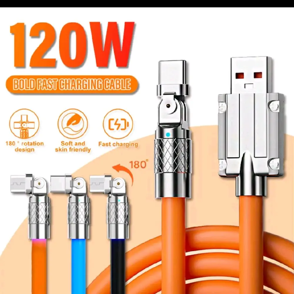 Kabel Data Rotatable 120W Fast Charging USB Cable 6A Gaming dengan Desain Rotasi 180° dan Bahan Lembut Ramah Kulit