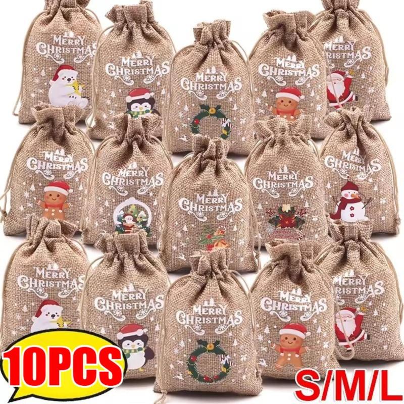 Bộ 5 hoặc 10 túi vải bố có dây rút chủ đề Giáng Sinh, dùng để đựng kẹo và bánh…
