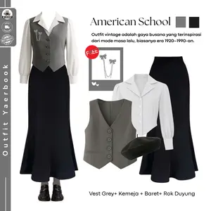 Ootd Yearbook American School Muslim ( Atasan Vest Hitam + Atasan Kemeja +Atasan  Vest Hitam + Bawahan Rok Duyung ) Yearbook Viral American School - FO42
