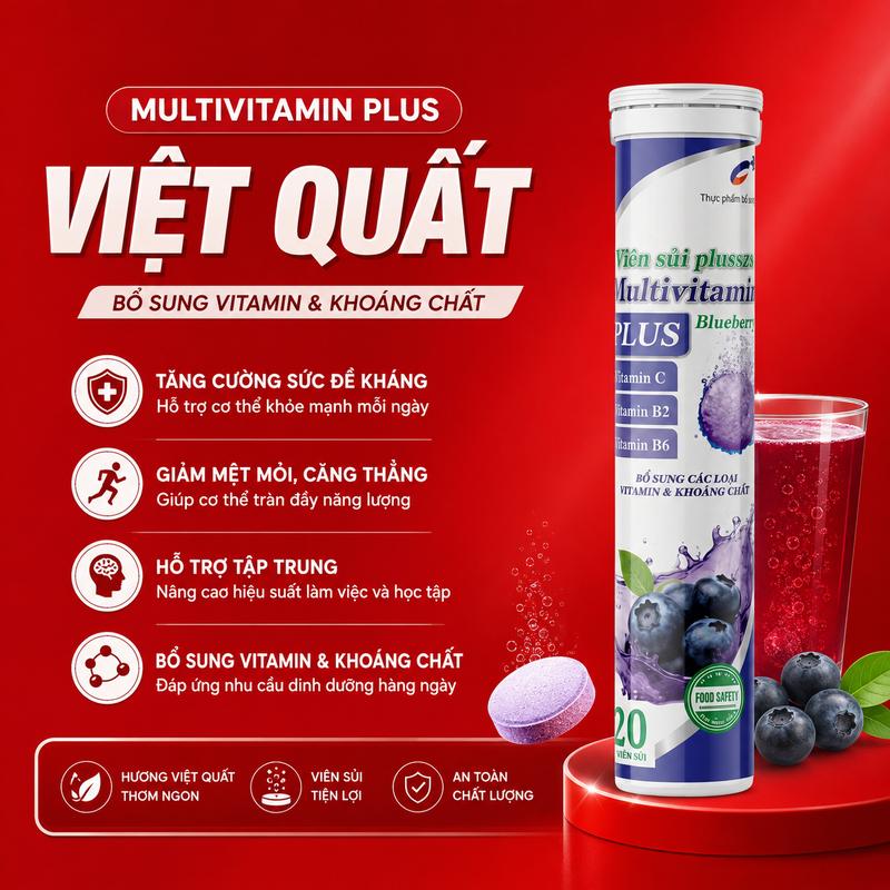 (Có kiểm nghiệm) Viên sủi MULTIVITAMIN PLUS VỊ VIỆT QUẤT 1 tuýp 20 viên 4gr bổ sung các loại vitamin, khoáng chất