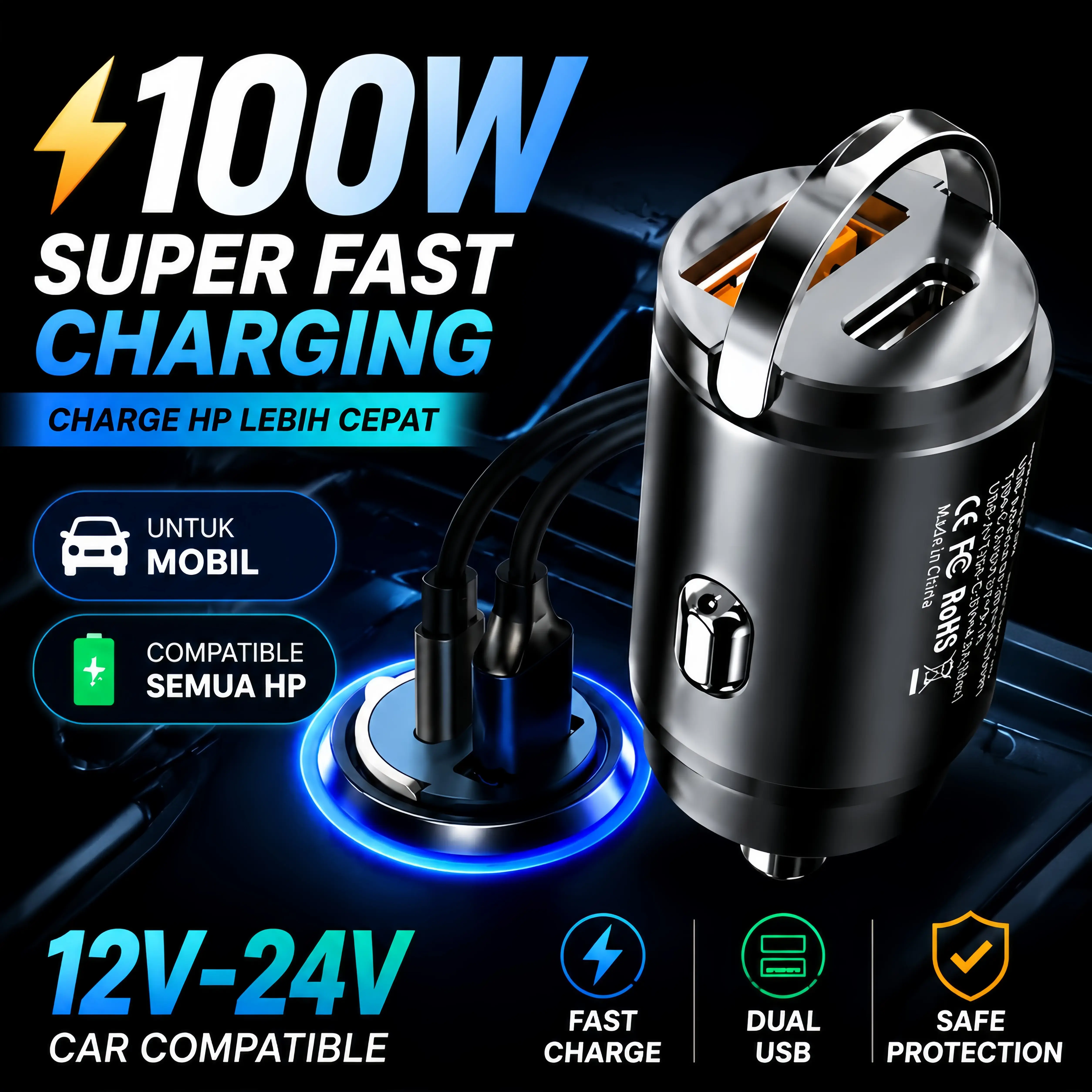 Car Charger Mobil QC 3.0 100W PD USB Pengisi Daya Mobil 12-24V Super Cepat Adaptor Pengisian Daya Cepat Tipe C 100W USB C Pengisi Daya Mini Ponsel