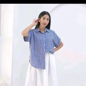 kemeja wanita salur moony lengan pendek bahan katun mango terbaru baju oversize cassual atasan strip nyaman kemeja santai