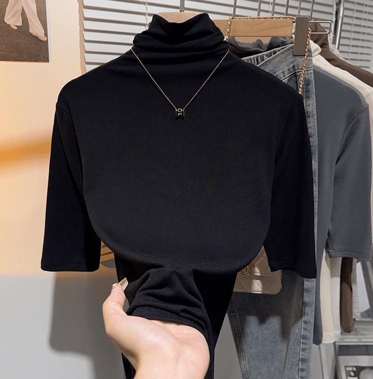 Product Introduction of Shoulder-length black half-high neck mid-sleeve t-shirt women's pre-fall 2024 undershirt with five-quarter sleeve top 9