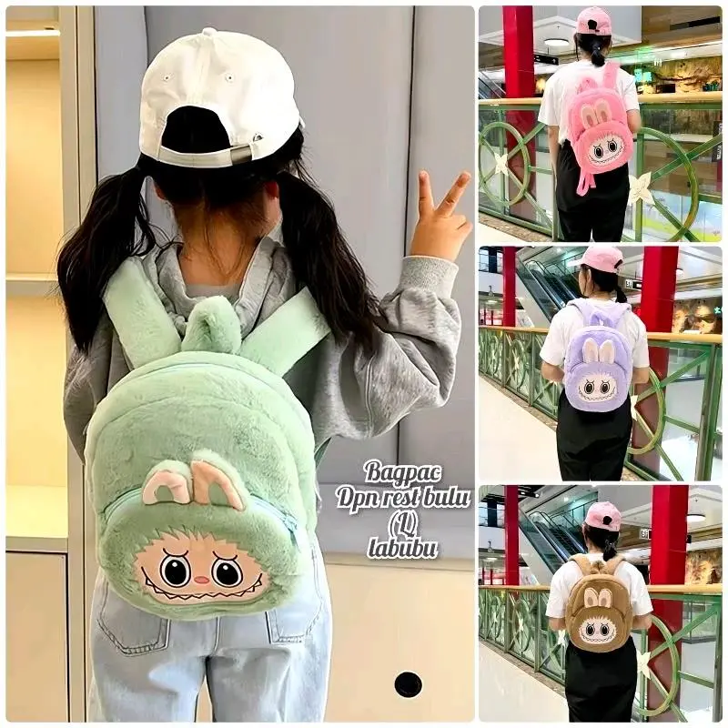 Tas Ransel Anak TK/SD Karakter Boneka Labubu Bulu Halus - Ransel Anak Bulu Halus Head Labubu Kawaii 3