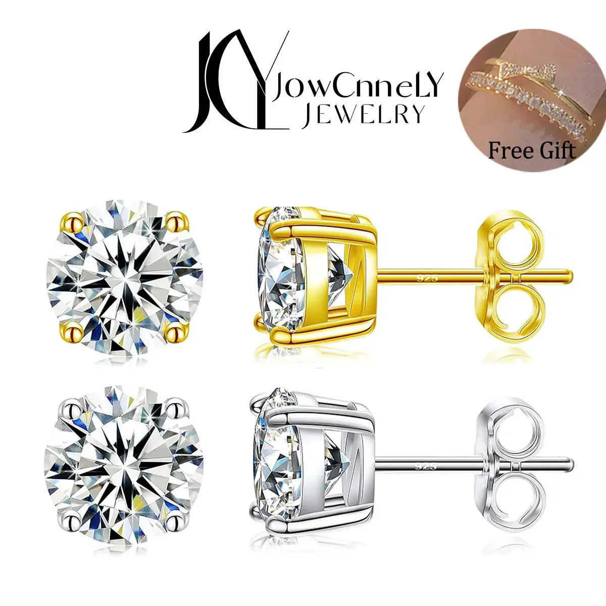 (155 For D'carat Only) Classic 4-Claw 1 Pairs 0.3CT/0.5CT/1CT/2CT*2 Synthetic Moissanite Ear Stud in S925 Sterling Silver [Free Gift] 1Pc Copper Ring