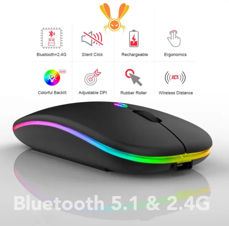 COD FLIESTRONIC Mouse Bluetooth / Mouse Wireless / Mouse Nirkable Rechargerable LED Colorfull Komputer 0