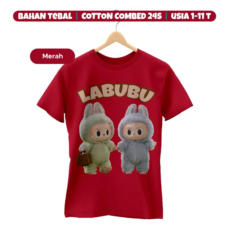 Kaos Anak Cewek Cowok Labubu 2 Katun Combed 24s 1-11 th Kain Tebal Cotton Perempuan 6