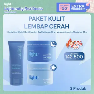 Light+ Paket 3 pcs Low pH Nano Niacinamide Hyaluronic Gentle Face Wash, Hydrashot Intensive & Glowshot Day Moist, Bright Pelembab Facial Night Cream BPOM Sabun Cuci Muka Normal Kering Lightening Light Plus Light+ Lite Liteplus Lite+ Skincare