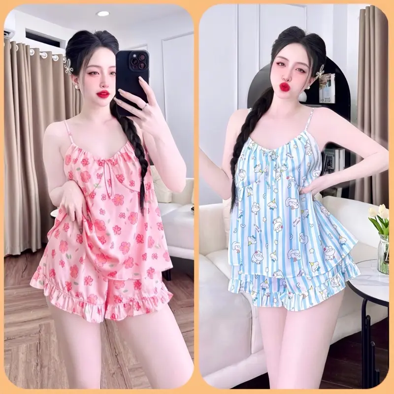 Từ 40-60 Ký; Đồ Ngủ Nử Áo 2 Dây Phối Ren Quần Đùi Lụa latin Tơ Tằm 5D Nữ