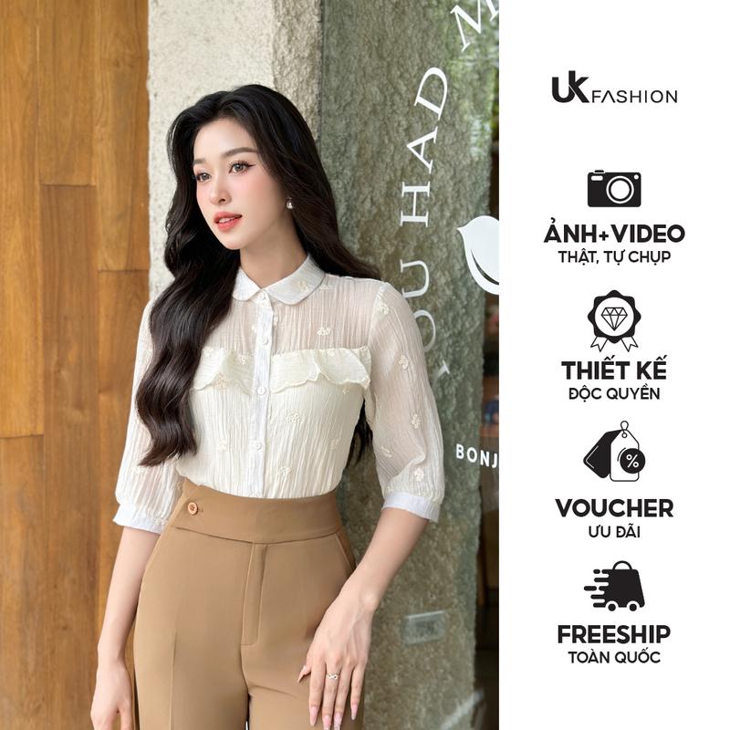 Áo Sơ Mi Cổ Sen Bẻ Thêu Hoa UK Fashion Công Sở Nữ Thanh Lịch, Nữ Tính Vải Mềm Mịn UKFSM2408010