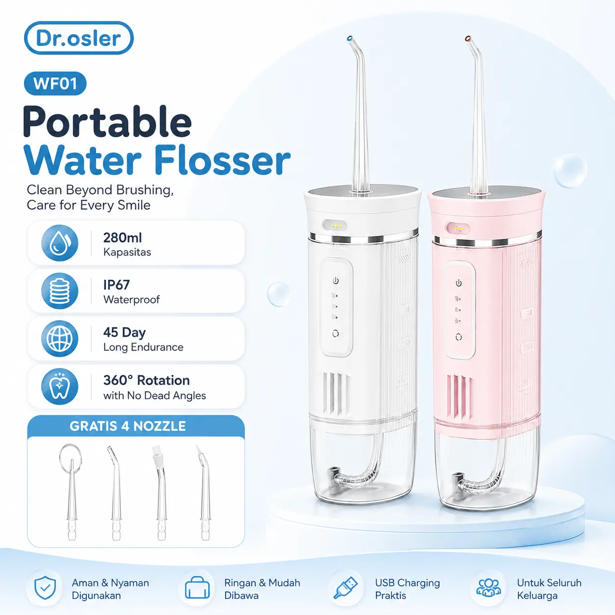Dr.osler Water Flosser Dapat Dilipat Water Floss Electric Oral Lrrigator 280 Ml Pembersih Gigi Penyesuaian Mode Pembilasan Tiga Kecepatan Pengisian USB Pembersih Karang Gigi