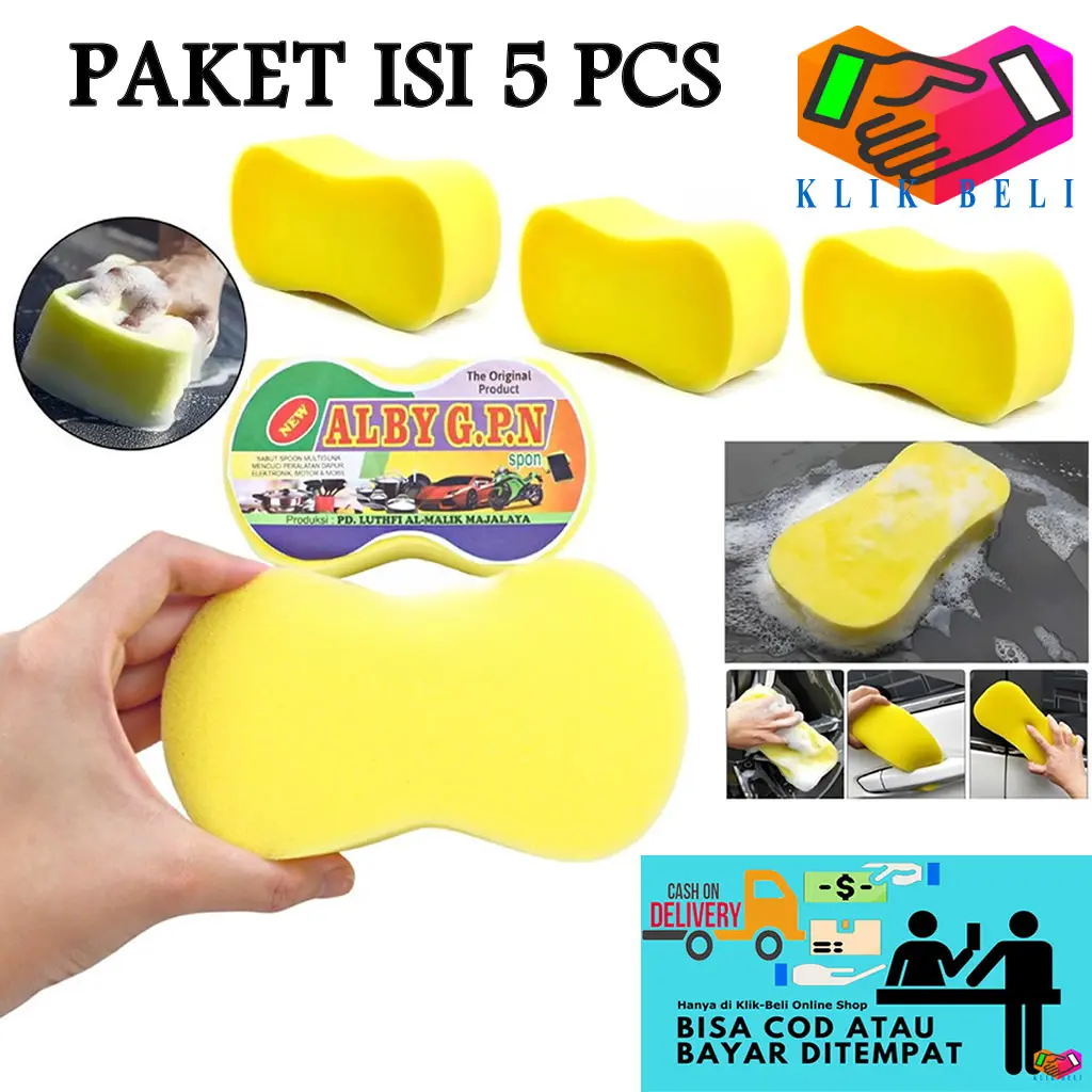 PAKET ISI 5 PCS Spons Busa ALBY GPN / Sponge Serbaguna Bentuk 8 / Spons Kuning Cuci Motor Mobil Dapur Cuci Piring