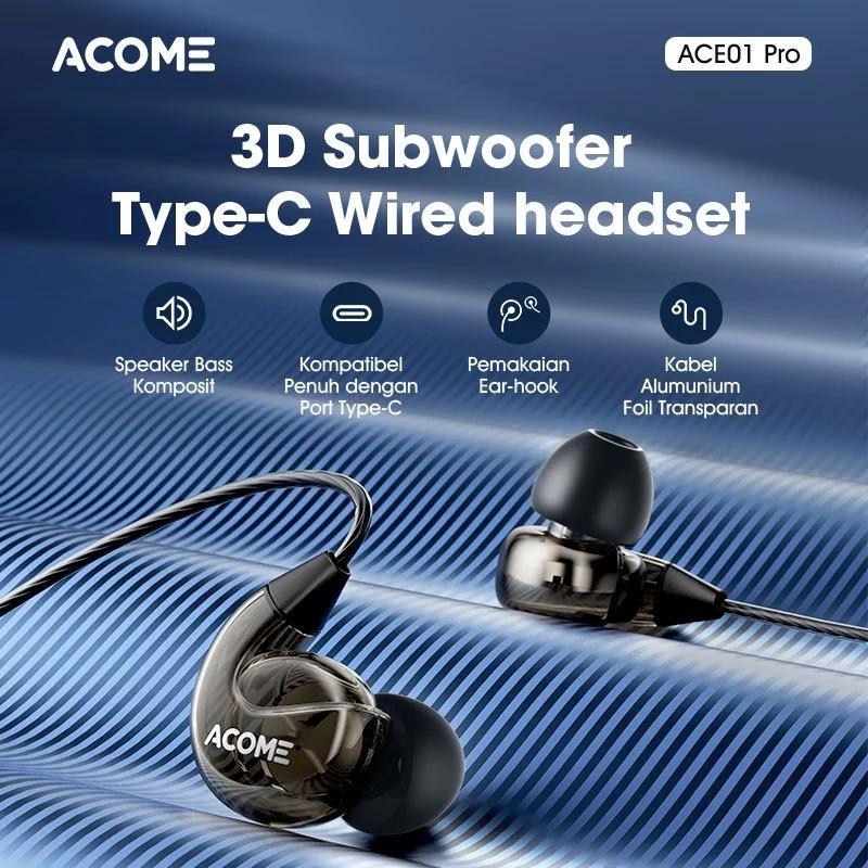 【EKSKLUSIF AFDHAL】ACOME ACE01 Pro 3D Subwoofer Headphone Earphone Headset Type-C Powerfull Bass Plug and Play Transparent Wired Body Black Original Garansi 24 Bulan