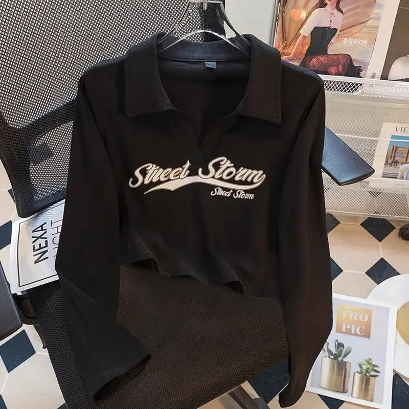 Kaos Lengan Panjang Kerah Polo Bergaris Premium / crop top korea lengan panjang / kaos ketat dengan grafis monogram Baju Pendek 2