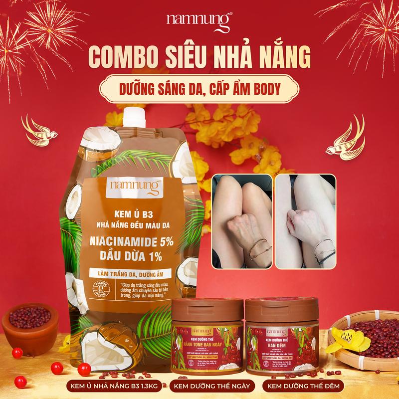  Combo nhả nắng siêu dưỡng trắng da thảo dược NamNung: Kem dưỡng thể ngày & đêm đậu đỏ 300gr và Kem ủ Niacinamide 1,3kg Chăm sóc Body Nữ 