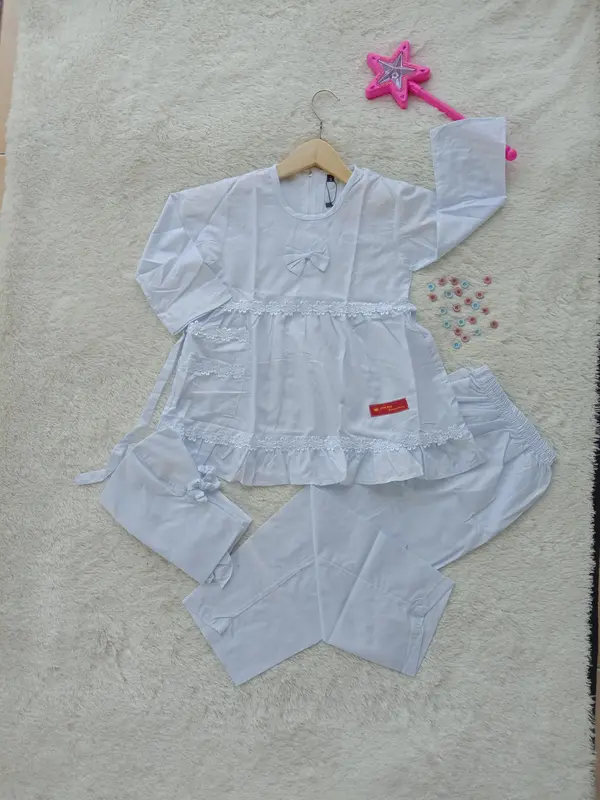 Setelan Baju Muslim Putih Anak Perempuan // Baju Putih Manasik Haji Katun Bordir Variasi Celana Kerudung Sekolah Jilbab Syari Gamis Gamis Kombinasi baju  manasik 5