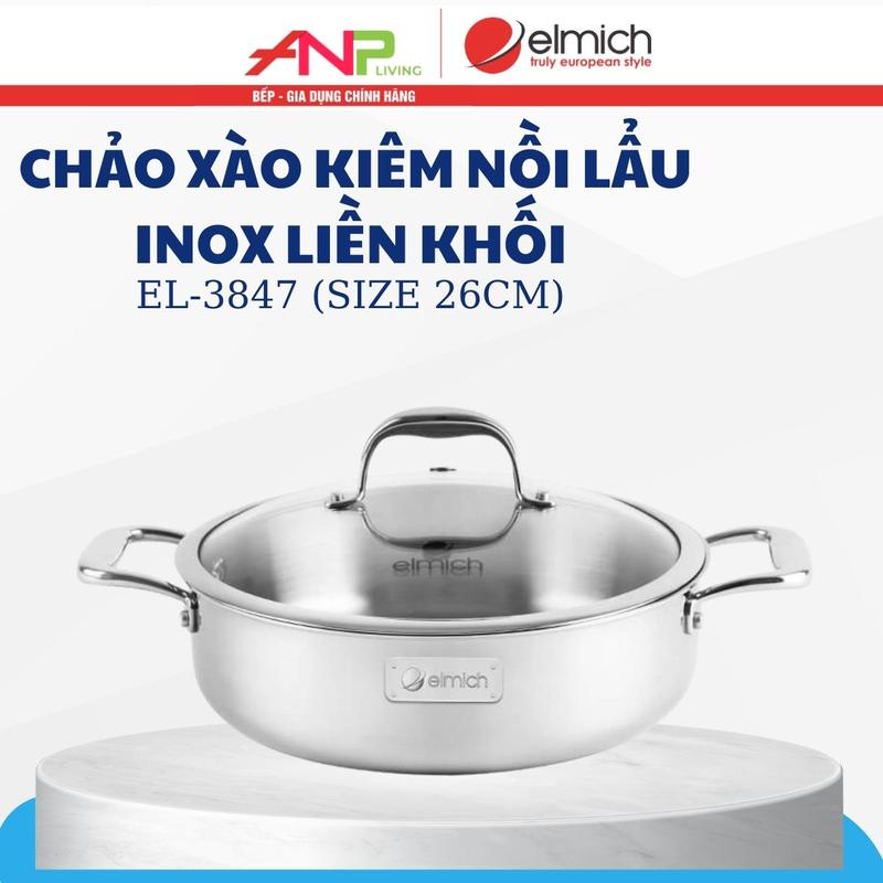 Chảo Sâu Lòng Inox 304 Liền Khối Elmich Tri-max EL-3847 | Chảo Xào Kiêm Nồi Lẩu Size 26cm