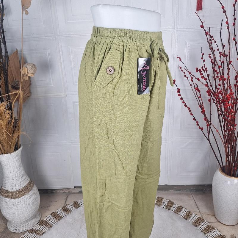 Product Introduction of Celana Kulot Cewek Bahan Linen Saku Samping Model Tempel Variasi Kancing Panjang 3