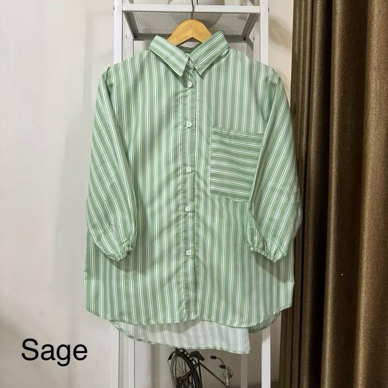 Kemeja Stripe  Oversized - Atasan Wanita - Pakaian Wanita - Stripe Shirt Atasan Wanita Lengan Panjang Katun Salur Baju Garis 3