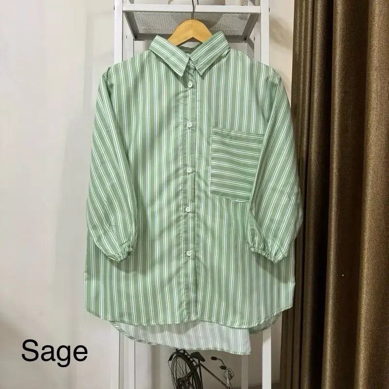 Kemeja Stripe  Oversized - Atasan Wanita - Pakaian Wanita - Stripe Shirt Atasan Wanita Lengan Panjang Katun Salur Baju Garis 3