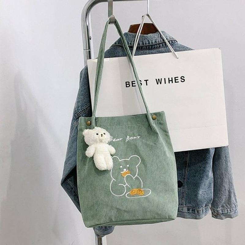 Túi đeo vai bằng vải nhung dành cho nữ, có dây kéo, có thể tái sử dụng, nhung, với thiết kế gấu Nhỏ Túi xách Thường Ngày Hình vuông, làm bằng bông, thích hợp để mua sắm