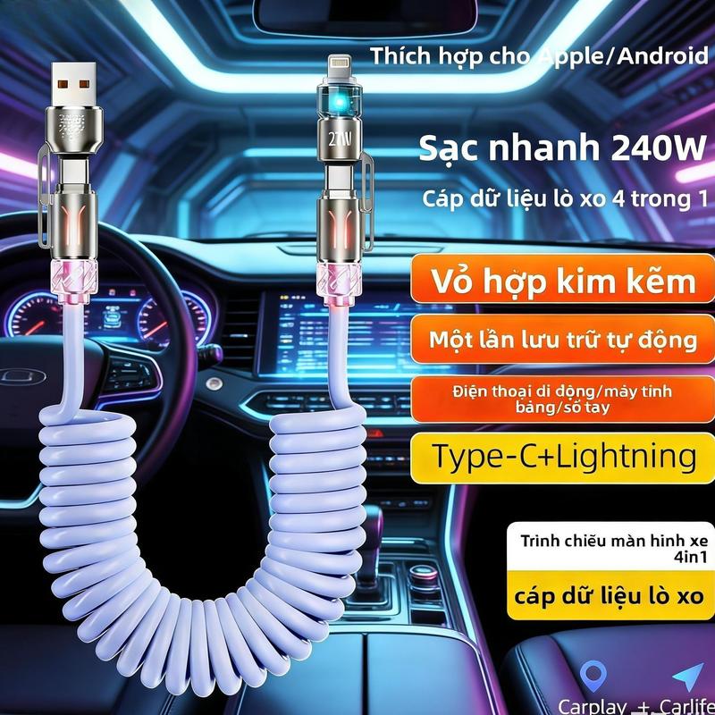 Cáp lò xo, dài 2 mét, hỗ trợ Carplay, cáp sạc ô tô, 4 trong 1, chỉ dành cho hương thơm đầy màu sắc, Thích hợp để sạc điện thoại di động trên ô tô